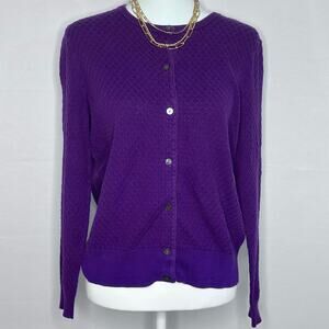 Lands’ End Purple Textured Cardigan Sweater L/P Cotton Button Front cozy preppy